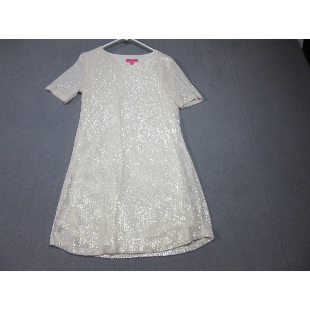 Betsey Johnson Dress Womens Medium Ivory Sequin Lined Stretch Shift Round Neck